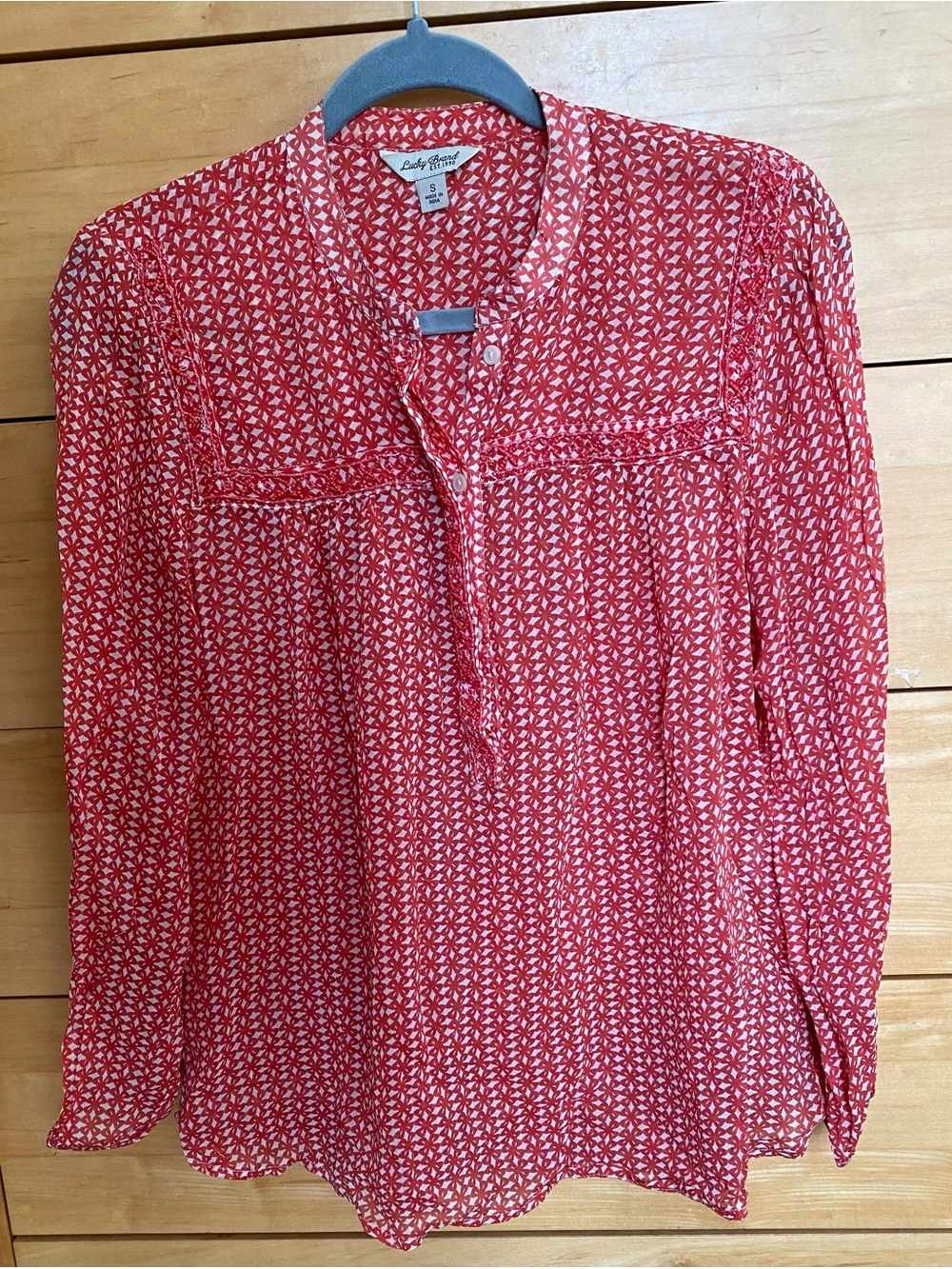 Lucky Brand Top. Orange and White Long-Sleeve, Beaded bodice, Small